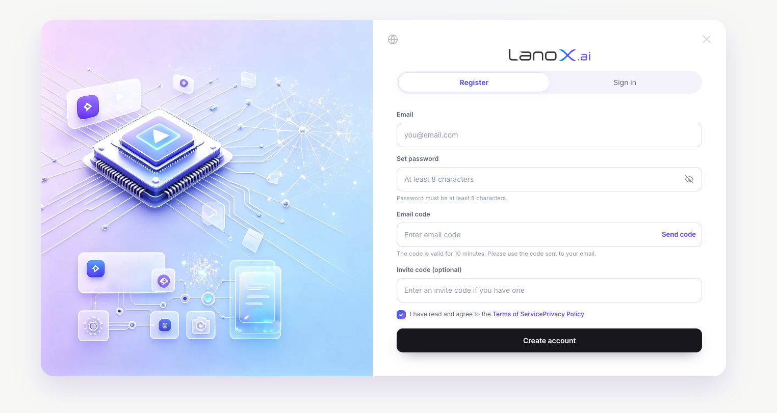 LanoX English registration page screenshot