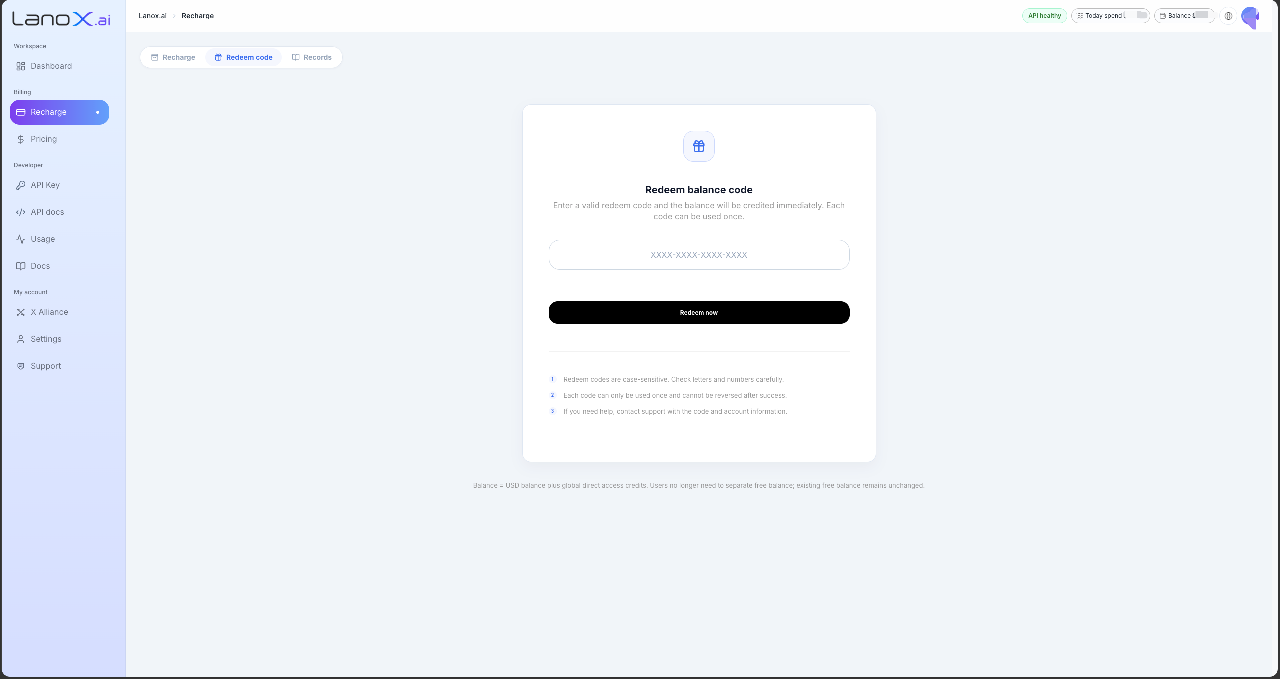 LanoX English redeem code page screenshot