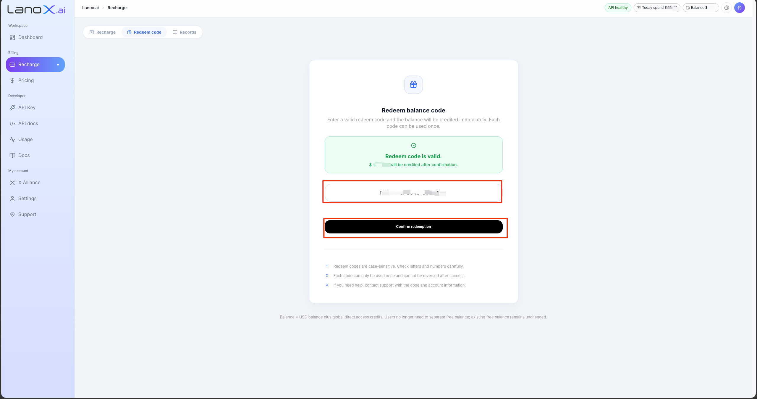 LanoX English redeem code confirmation screenshot