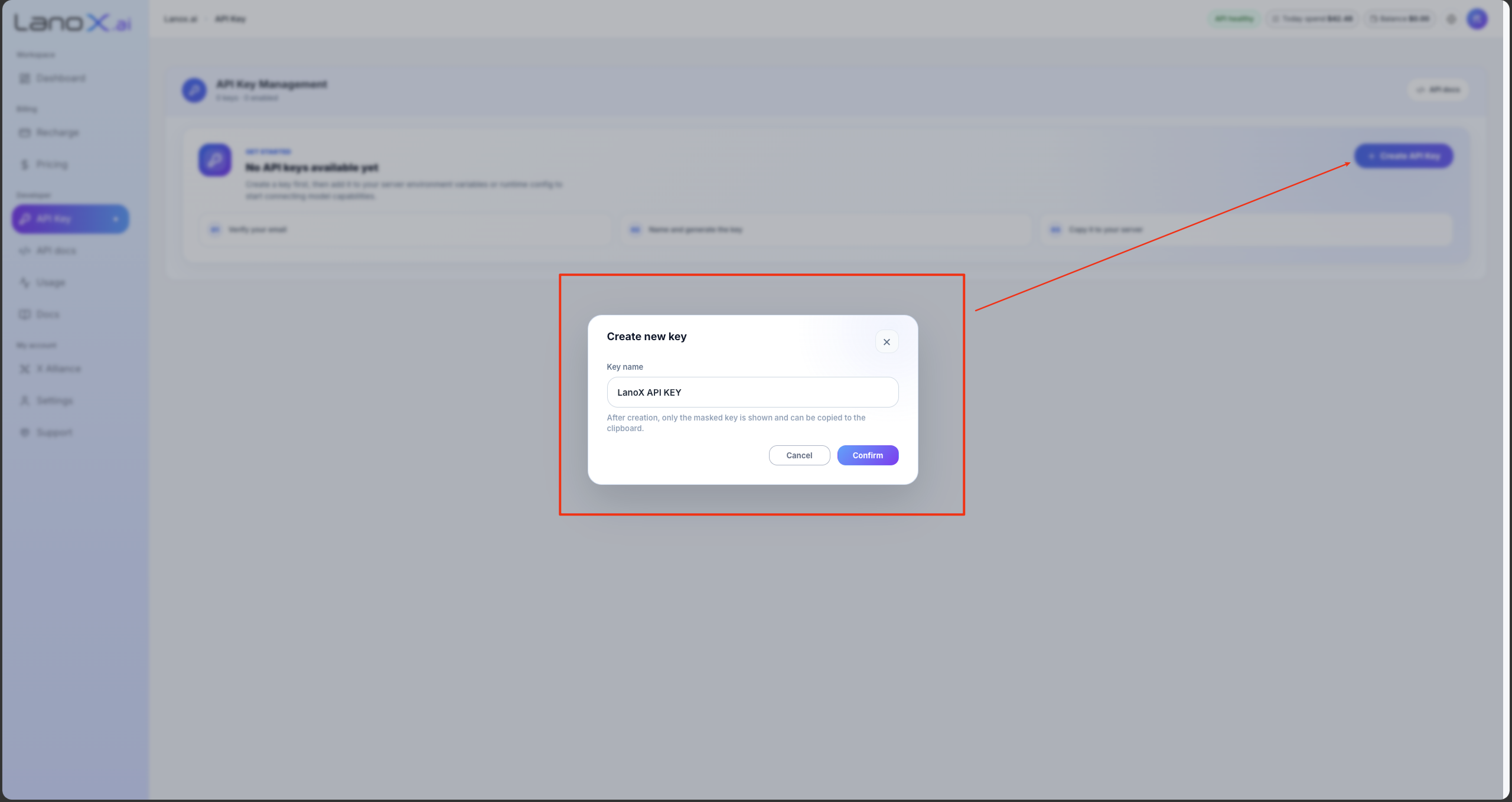 LanoX English Create new key dialog screenshot