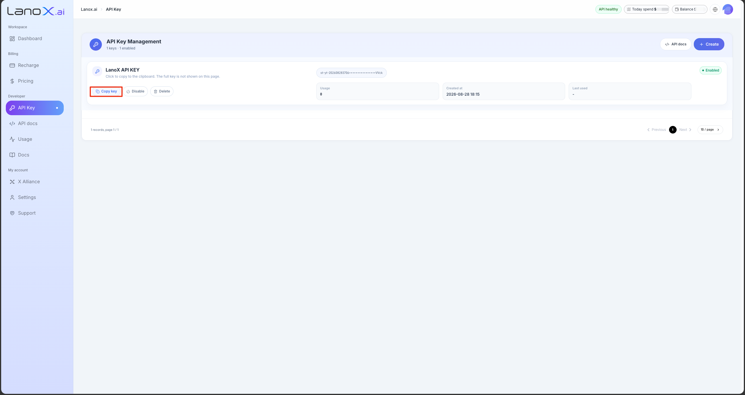 LanoX English API Key list copy action screenshot