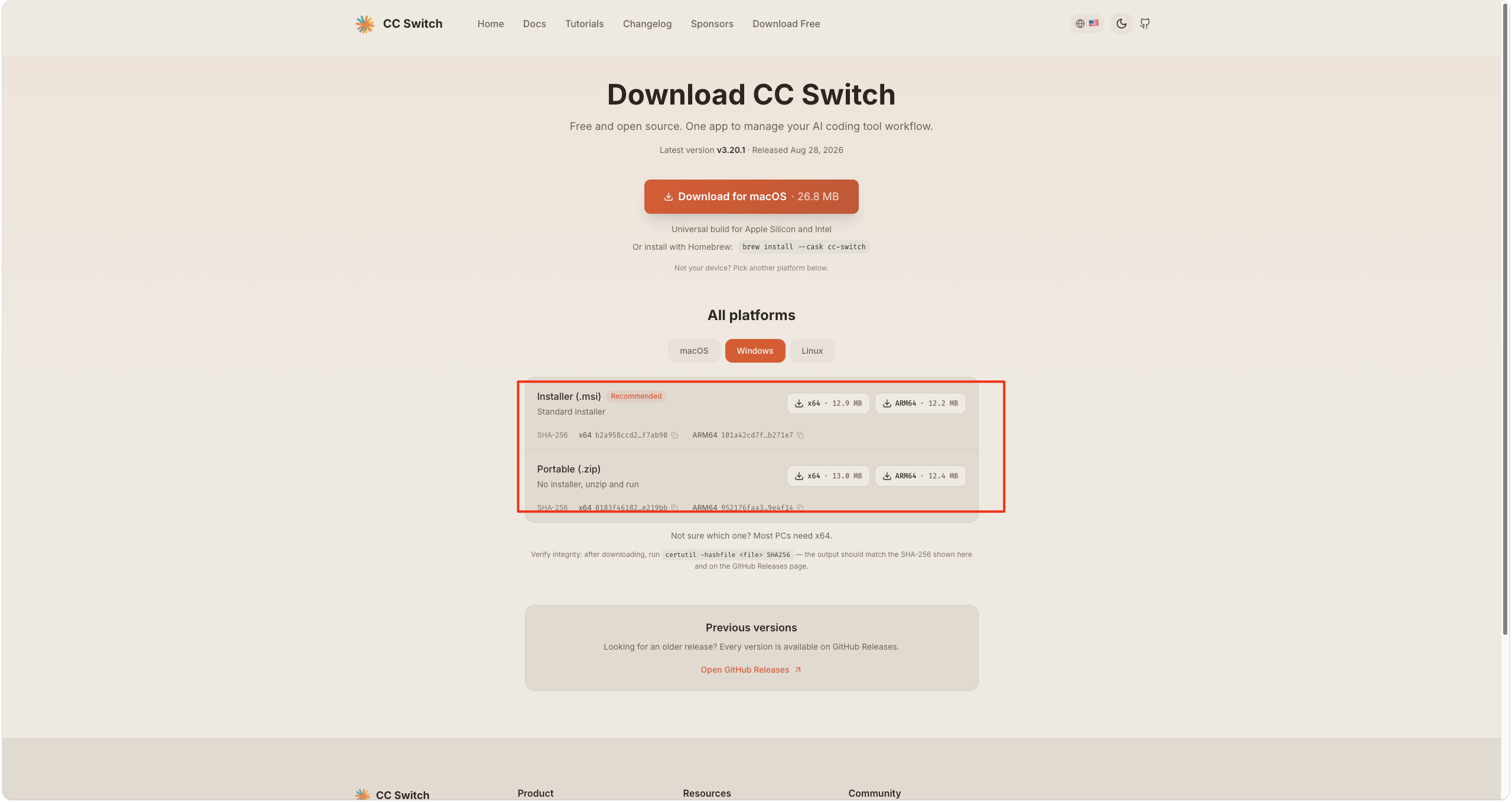 CC Switch official Windows download screenshot