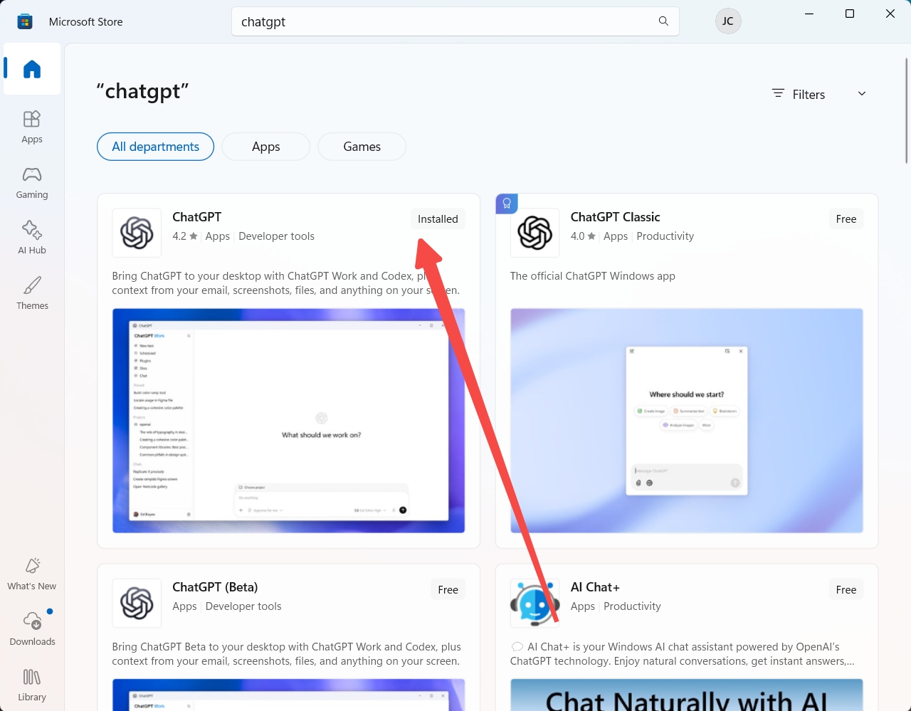 Official ChatGPT app in Microsoft Store screenshot