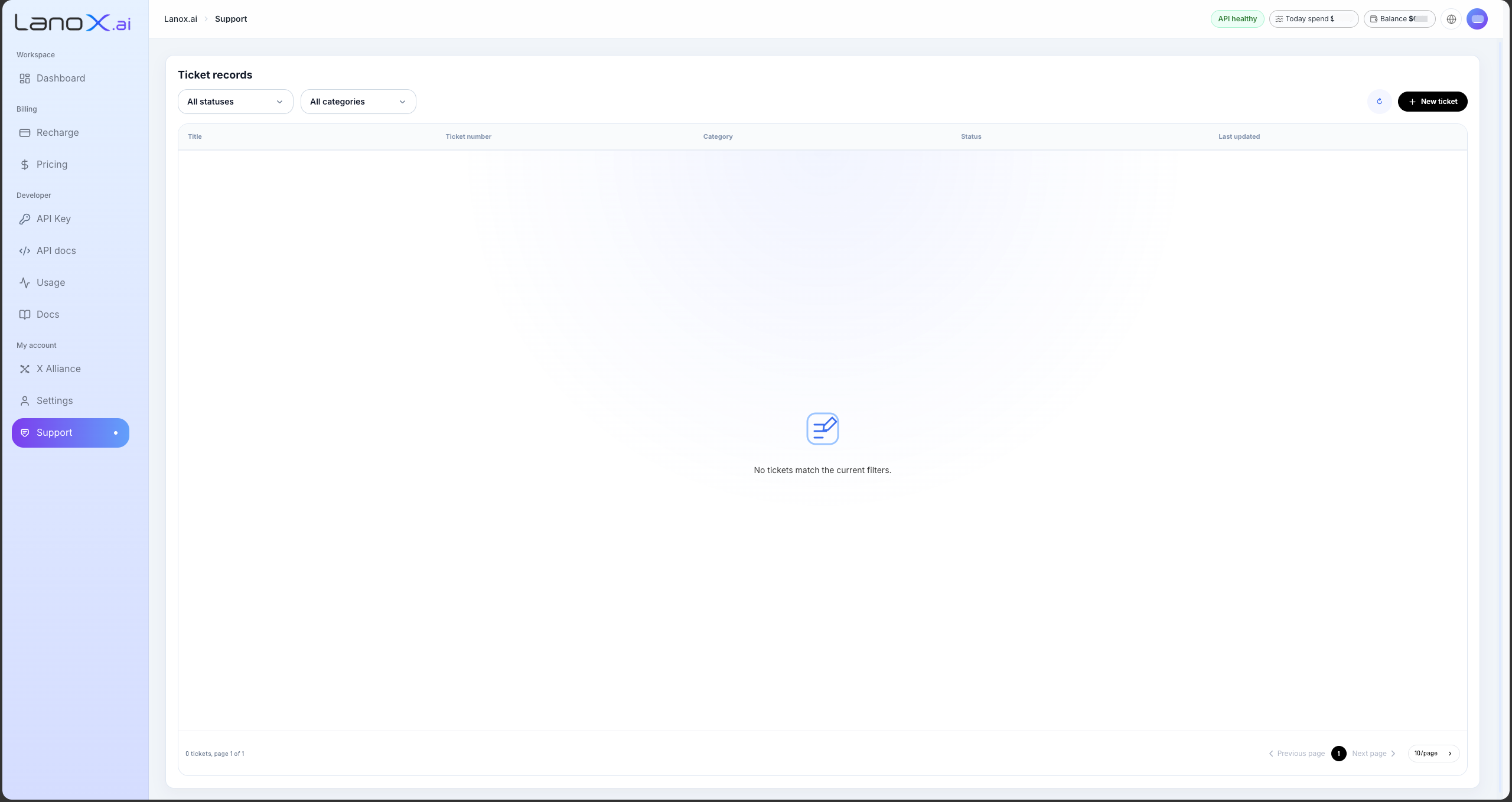 LanoX Ticket Support page with the New Ticket button