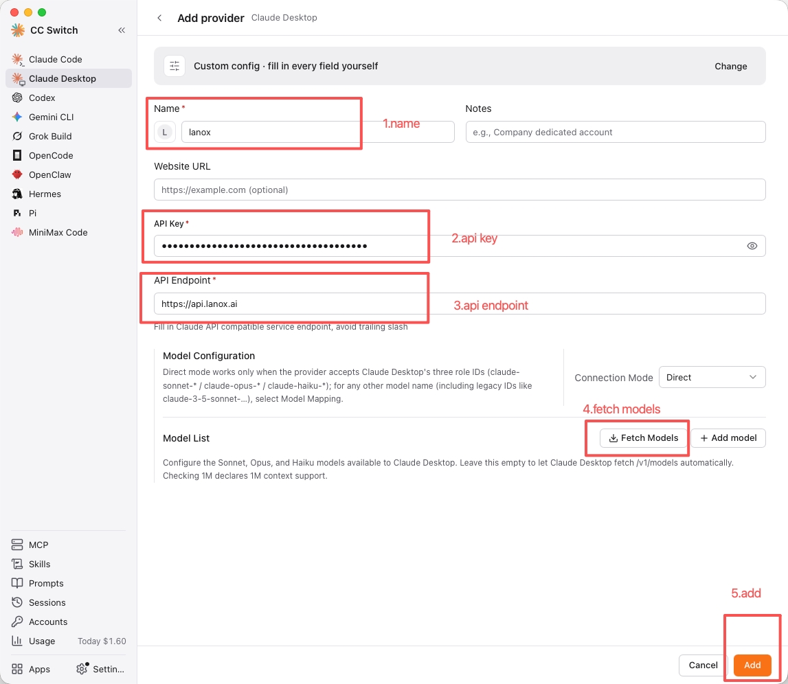 CC Switch Claude Desktop provider form and model list screenshot