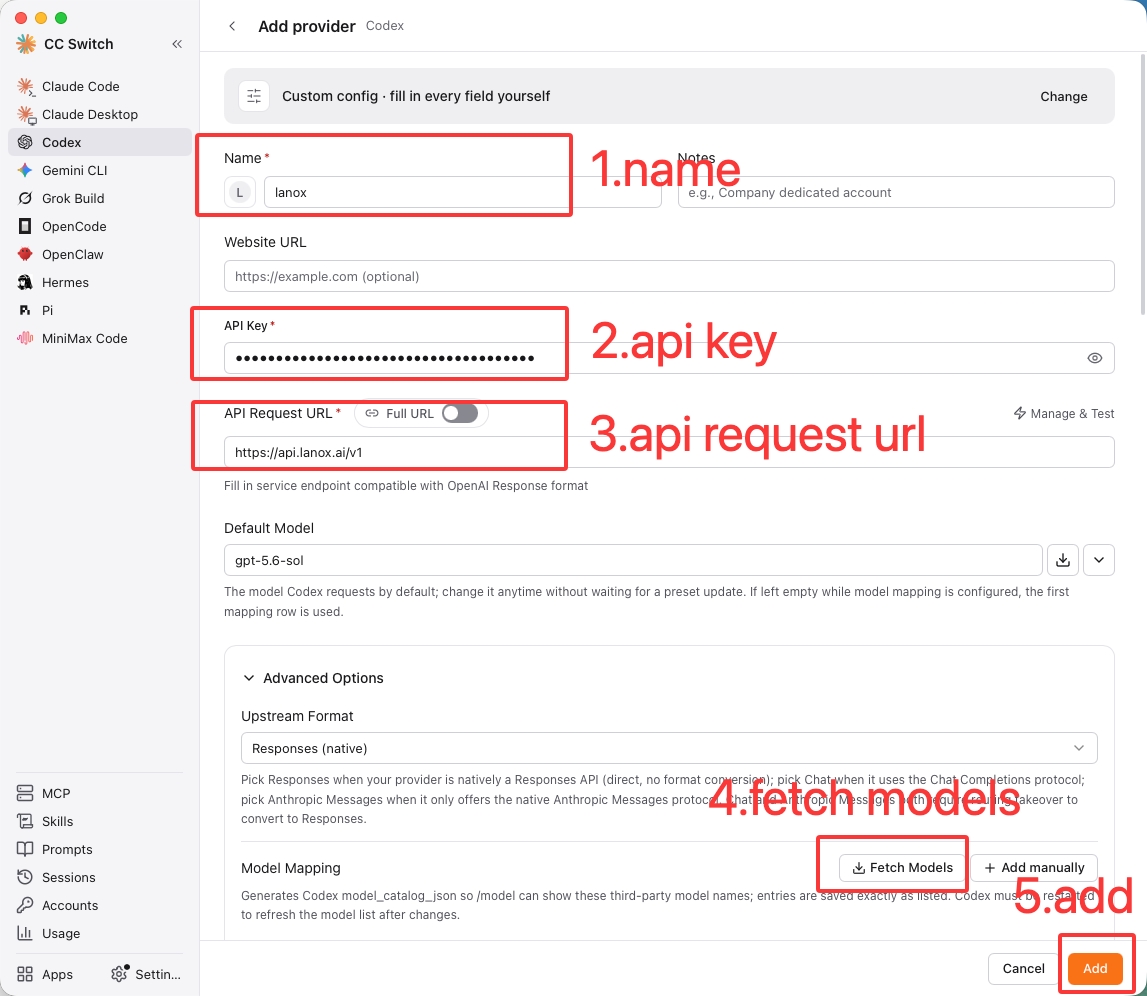 CC Switch English Codex provider form and model list screenshot